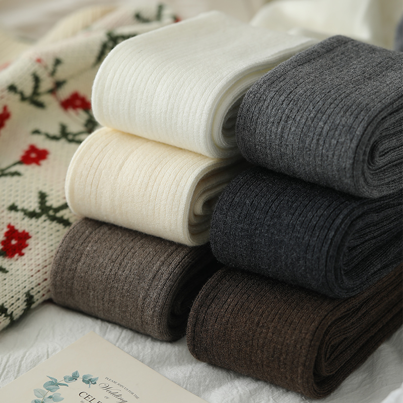 秋冬白色羊毛竖条纹连裤袜女