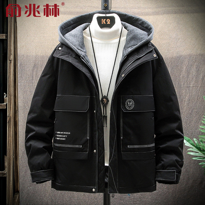 羽绒服男冬季新款青少年加厚帅气潮流假两件轻便休闲连帽运动外套