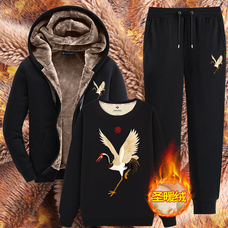 3件)卫衣男冬季加绒加厚国潮松鹤胖子男士潮牌外套大码宽松套装潮