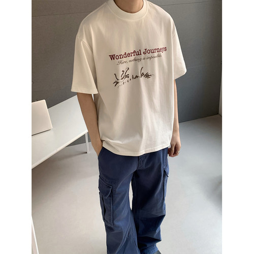 韩系手写体印花重磅纯棉T恤男