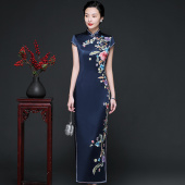 真丝手推绣旗袍高端礼服长款 旗袍气质优雅婚礼妈妈刺绣高档旗袍裙