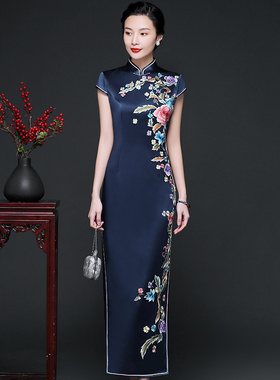 真丝手推绣旗袍高端礼服长款旗袍气质优雅婚礼妈妈刺绣高档旗袍裙