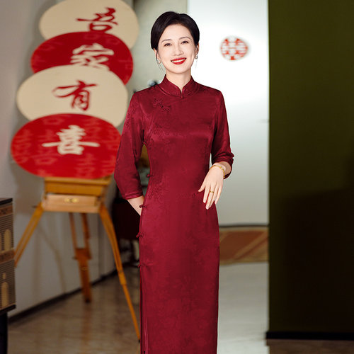 桑蚕丝婚礼中袖妈妈婆婆婚姻旗袍
