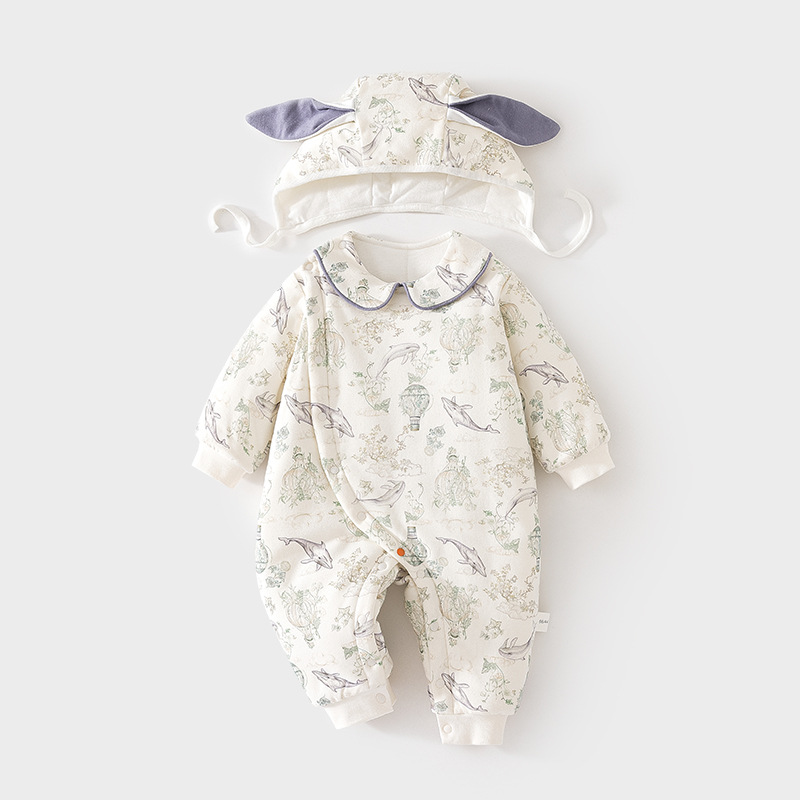 婴儿连体衣120克加棉宝宝夹棉秋冬外出哈衣薄棉加厚连帽爬服儿童