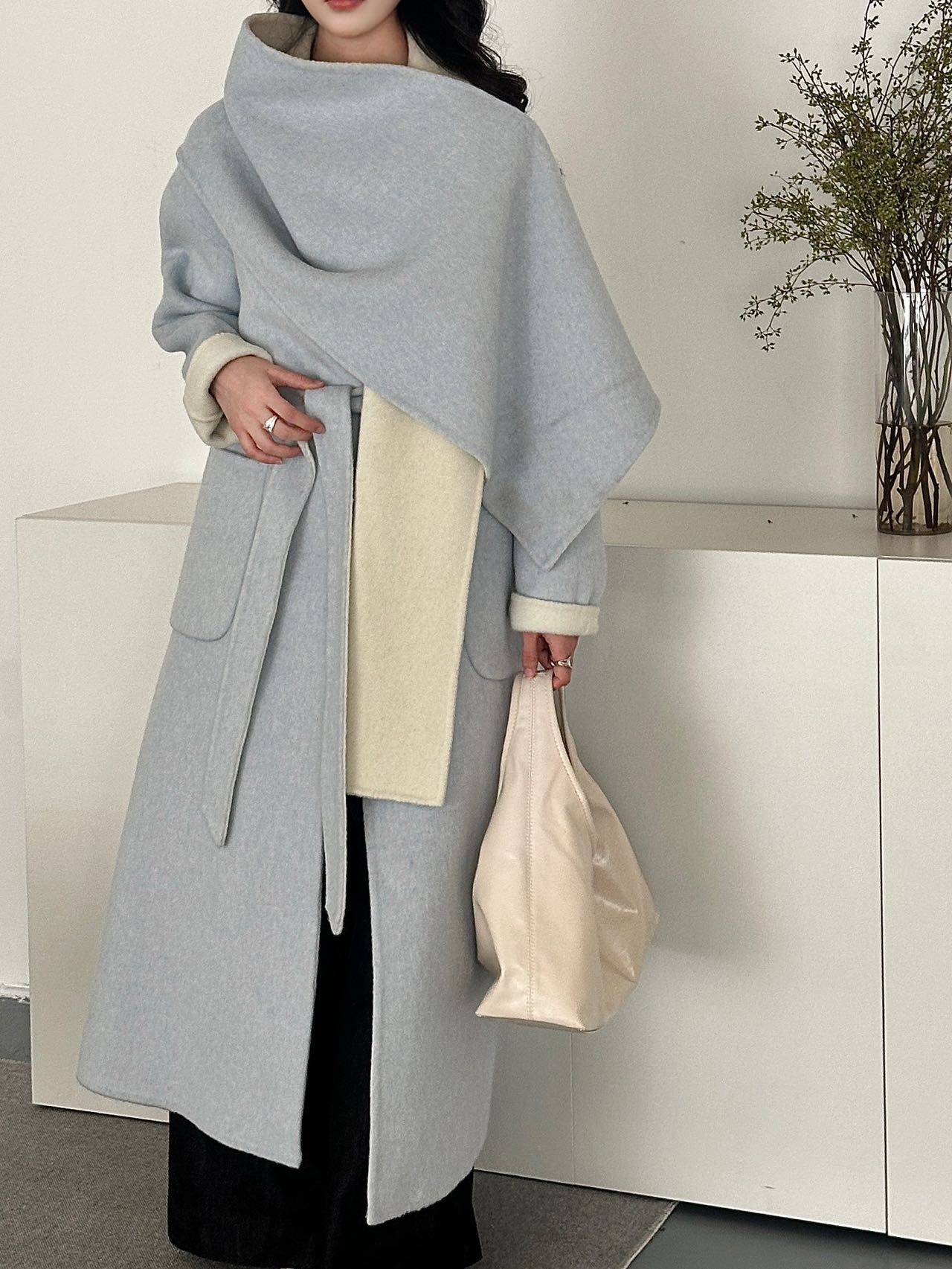 2025秋冬新款围巾领气质披肩款双面羊毛大衣长款高端显瘦羊毛外套