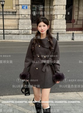 名媛风网红爆款显瘦围脖设计黑色毛呢外套女装大衣新款
