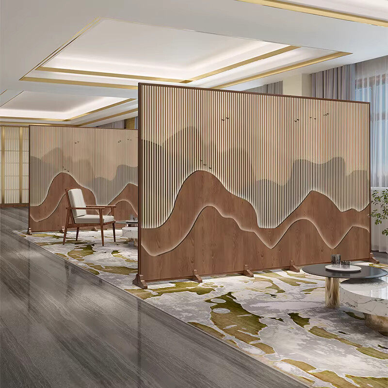 新中式屏风隔断客厅酒店背景墙装饰遮挡折叠移动简约线条大气折屏