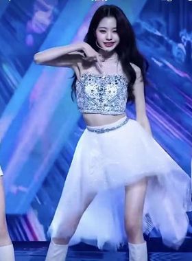 韩国女团ive 张元英同款演出服钻背心透视网纱裙eleven爵士舞台装