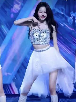 韩国女团ive 张元英同款演出服钻背心透视网纱裙eleven爵士舞台装