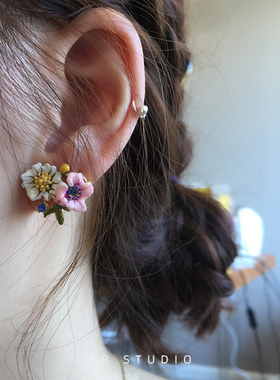 韩国复古珐琅花朵耳环不对称小众设计感耳钉耳饰925银针
