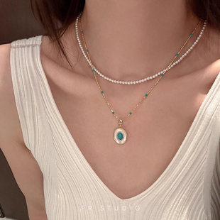 茶白绿松石耳环水晶仿珍珠项链女精致气质优雅通勤施家米珠锁骨链
