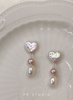 巴洛克珍珠耳环天然淡水珍珠爱心耳钉甜美法式气质925纯银耳饰
