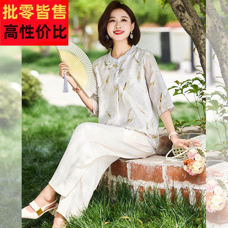 妈妈夏季洋派新中式上衣中年女装夏装新款T恤中老年棉麻大尺码套