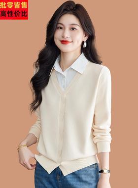 白色衬衫领假两件针织上衣2025新款今年流行爆款女装长袖女士毛衣