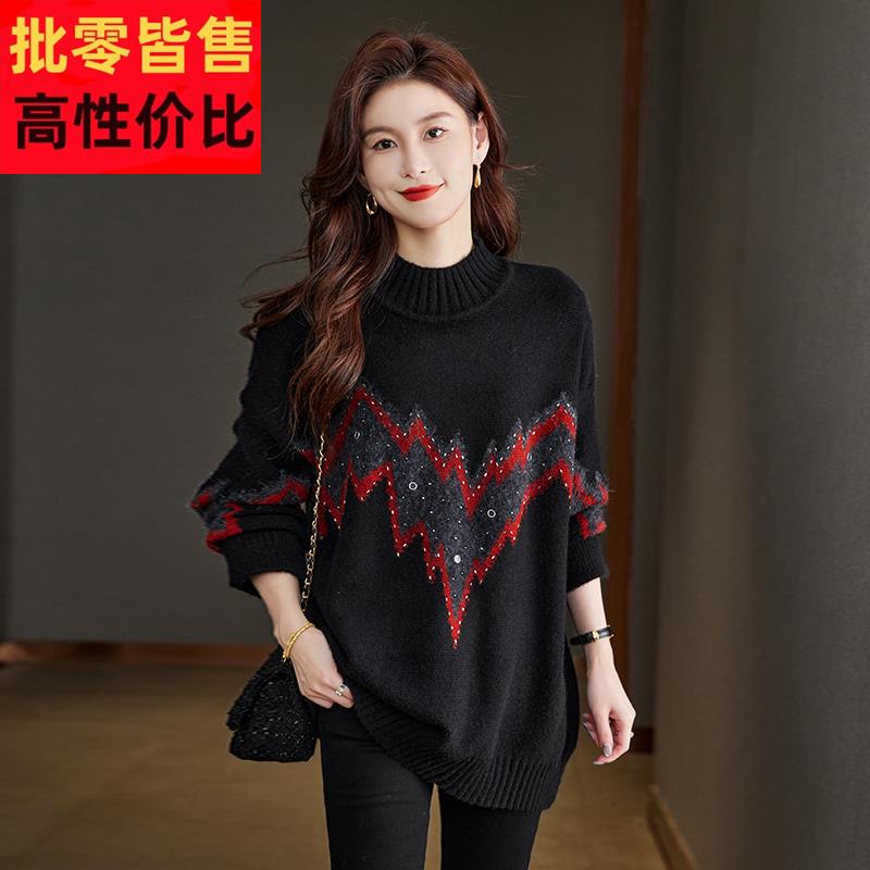 加肥加大码女装200斤胖妹妹羊毛衫毛衣女中长款打底衫毛衣裙镶钻