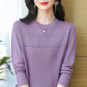 早秋莱塞尔天丝针织衫女2024新款春秋妈妈装桑蚕丝圆领上衣打底衫