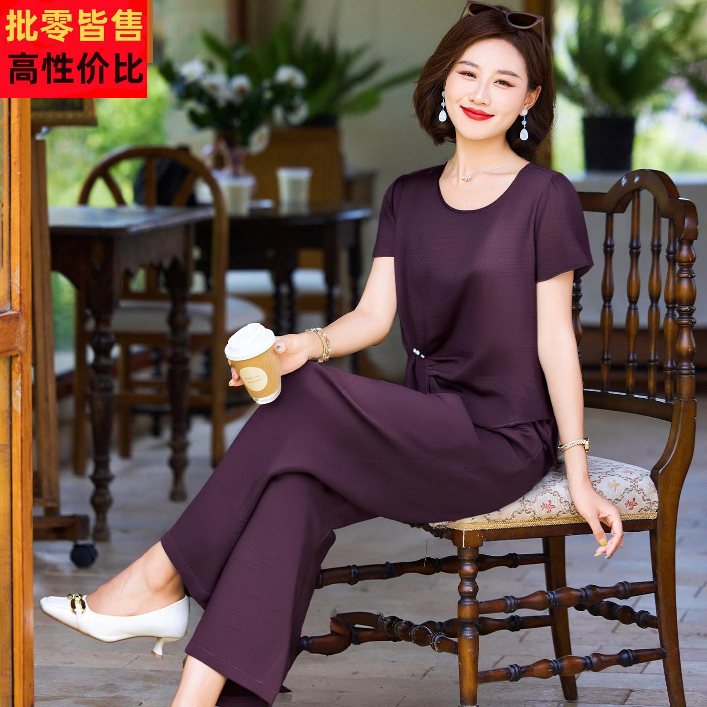 妈妈夏季洋派短袖T恤中年女装夏装新款阔腿裤中老年薄款雪纺套装