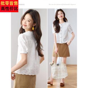 小个子短款白色纯棉952022刺绣衬衫上女2025款新夏季超减龄洋衣气