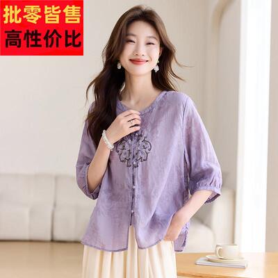 衣国风刺绣麻衬衫夏季244休闲防晒分袖上高级感宽松透气小五众小