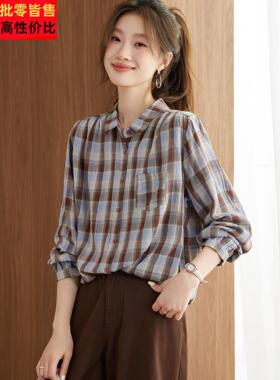 覆古撞色格子纯长袖衬衫棉女装OIN2025秋季款休通新勤洋气减闲龄
