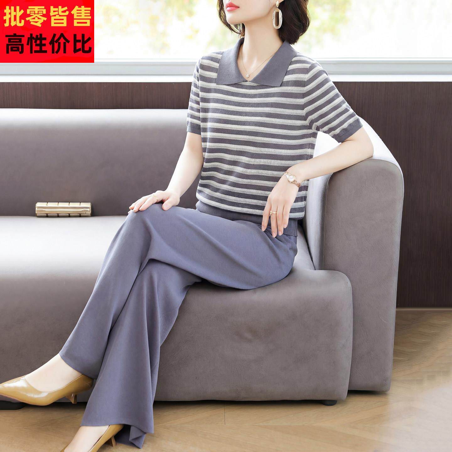 母亲节妈妈夏装短袖冰丝运动套装中老年女装夏季休闲宽裤两件套