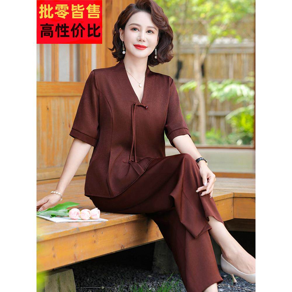 气质中年母亲夏季衬衫女式套头衫短袖民族风格真丝V领纯色上衣套