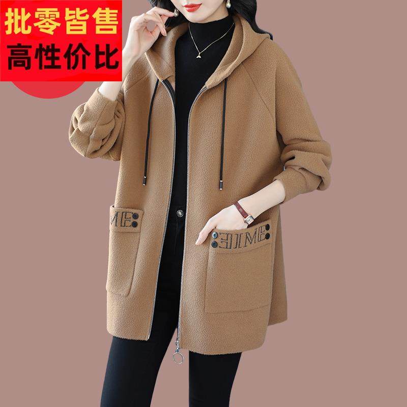 连帽双面羊毛大衣女中长款2025秋冬新款宽松大码遮肚妈妈毛呢外套