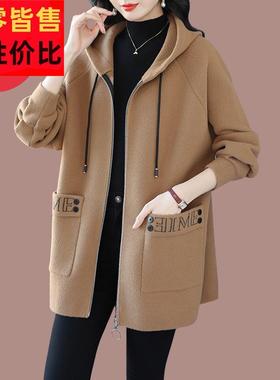 连帽双面羊毛大衣女中长款2025秋冬新款宽松大码遮肚妈妈毛呢外套