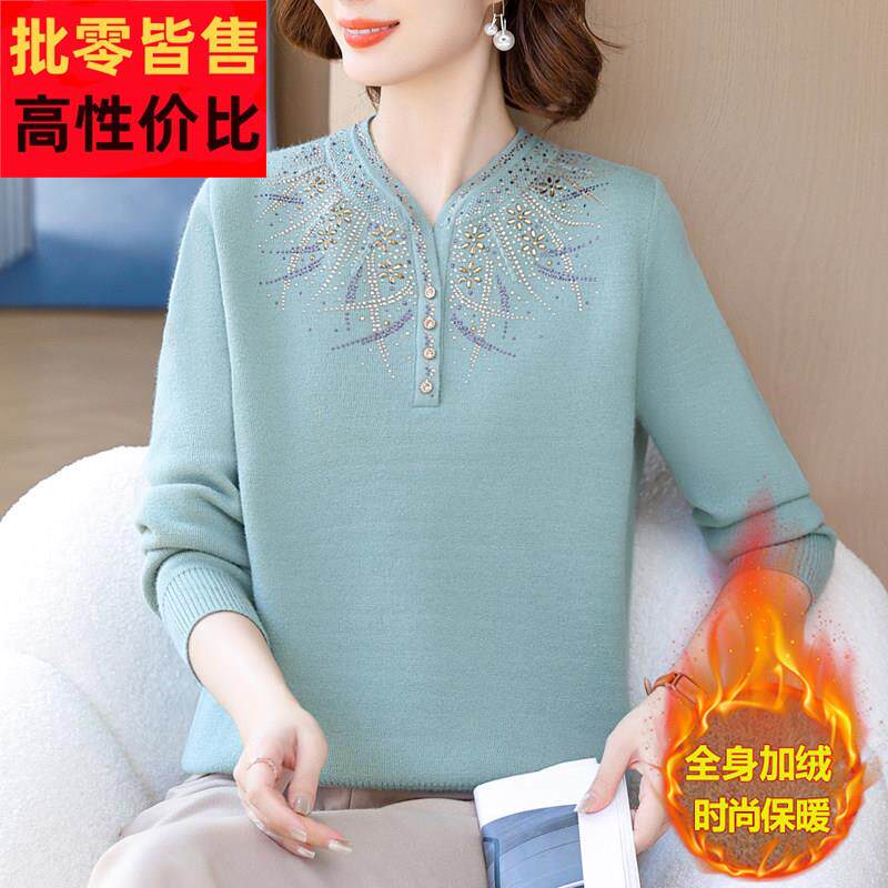 加肥加大码妈妈装上衣加绒加厚打底衫女中老年人一体绒保暖羊毛衫