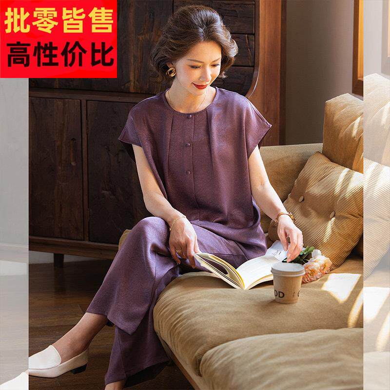 妈妈休闲 雪纺短袖T恤中年女装夏装大尺码上衣中老年夏季阔腿裤套