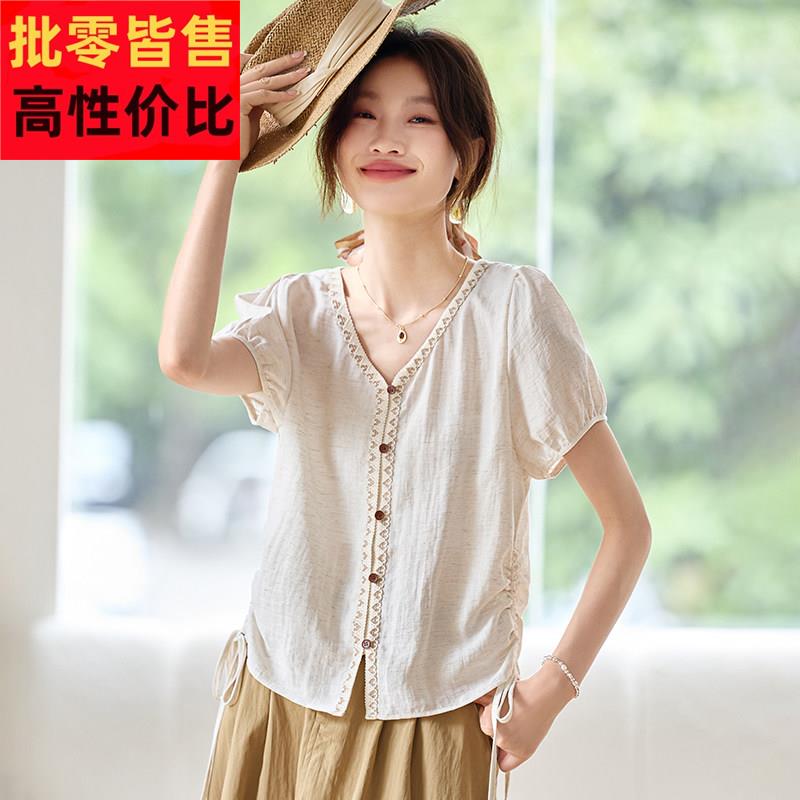 抽288小众设计感尚夏季棉麻小衫时刺绣褶计显瘦洋派V领排扣设小衫