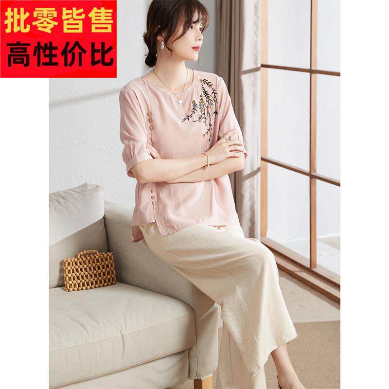 喜卉年轻妈妈夏装休闲套装新款中老年女装夏季洋气中式短袖上衣服
