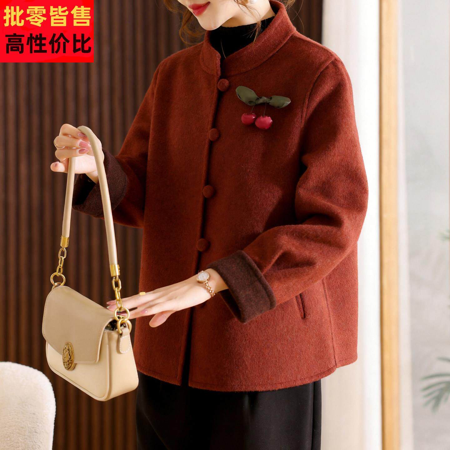 本命年妈妈春装红色毛呢外套喜婆婆婚宴礼服中老年女双面呢子大衣