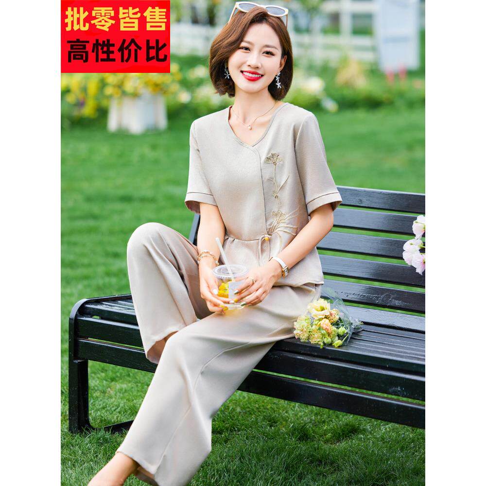 妈妈的休闲雪纺短袖t恤中年妇女夏季服装2025新款中老年人夏季优