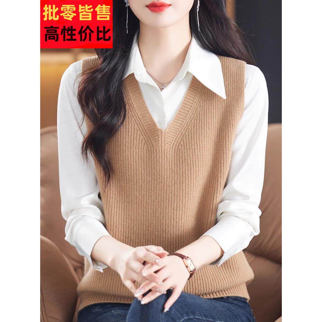 100纯羊毛衫羊绒背心毛衣女秋冬打底内搭保暖妈妈针织V领马甲马夹