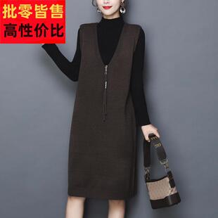 针织马甲背心裙女春秋中长款无袖毛衣连衣裙过膝大码宽松显瘦坎肩