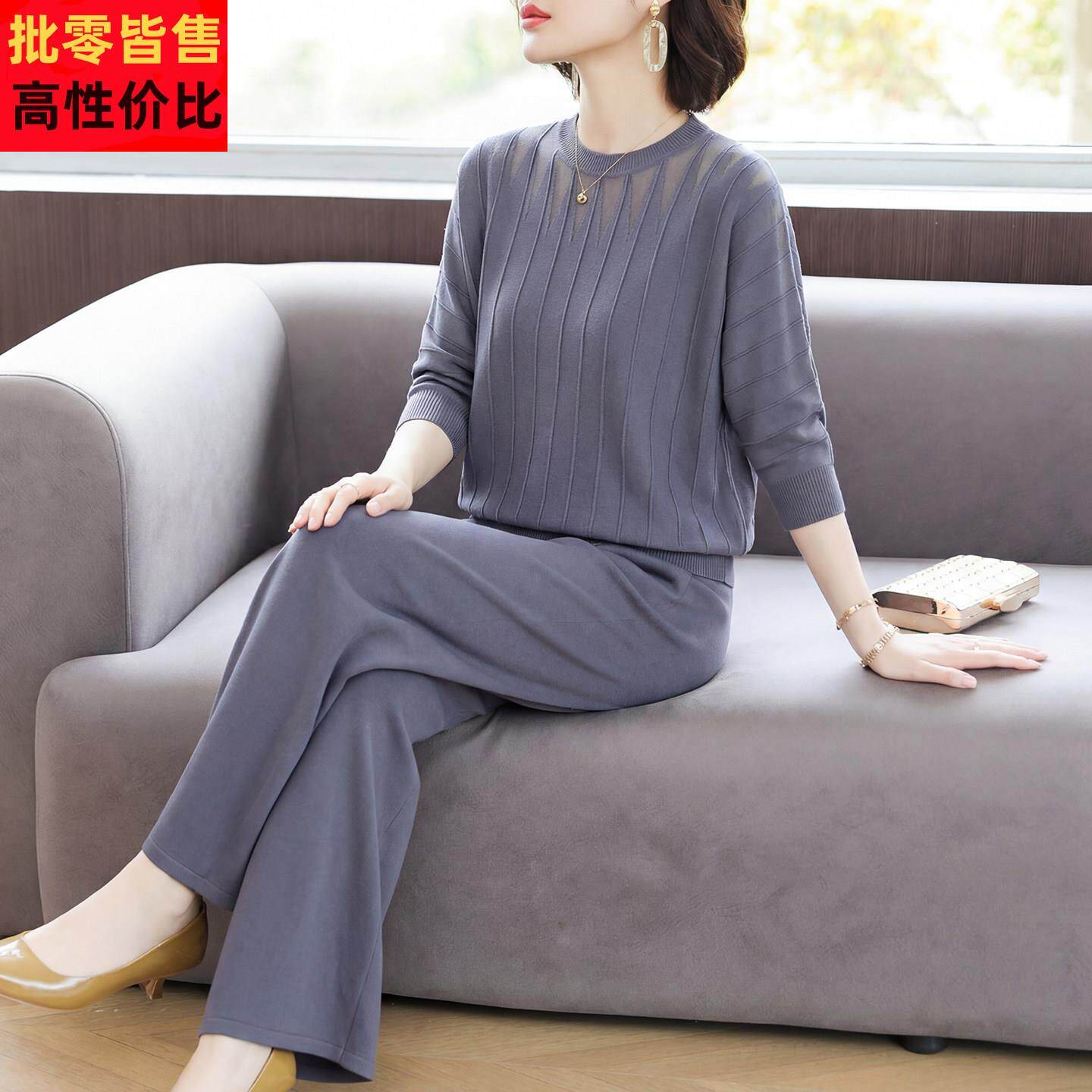 洋气妈妈夏装套装七分袖真丝小衫中老年女装时尚阔太太针织两件套