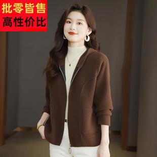 连帽毛呢子大衣女带帽上衣春秋装2024新款小个子短款毛衣外套开衫