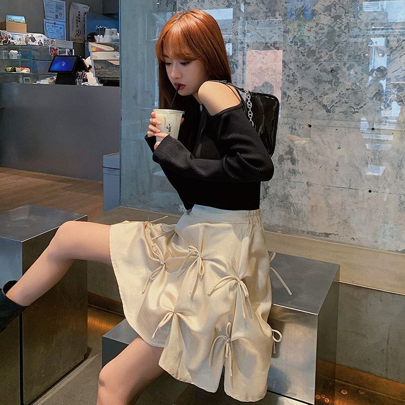 Women's new Korean version of high waisted slim bow pearl French style fairy versatile A-line short skirt