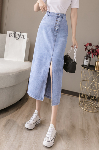 Women's fall 2019 dress with high waist and hip length skirt showing thin denim skirt