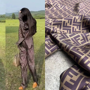 高定新品F家字母印花经典斜纹弹力真丝布料套装连衣裙阔腿裤面料