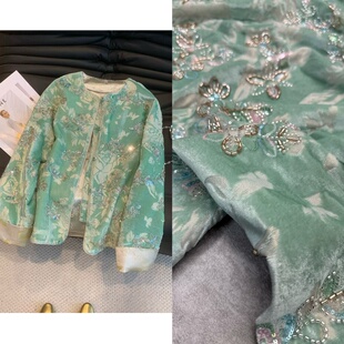 高定锦纶丝绒面料重工刺绣钉珠新中式国风外套马甲服装桑蚕丝布料