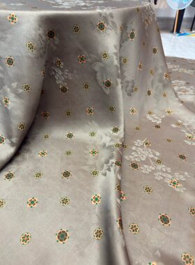 灰色宝相花新中式国风旗袍马甲套装汉服外套半裙蚕丝服装定制布料