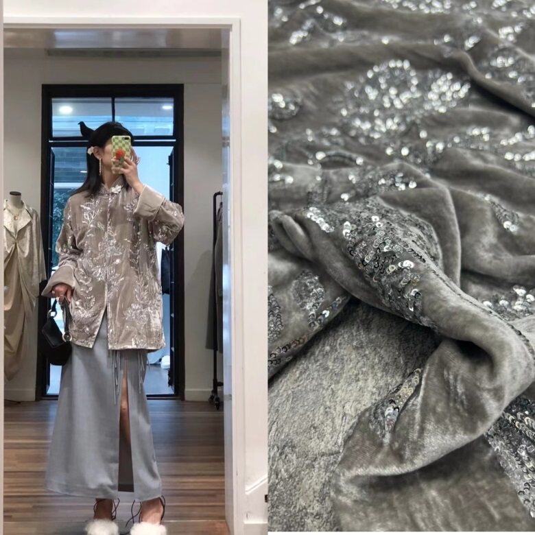 高定新品灰色底真丝丝绒重工刺绣布料亮片国风上衣马甲棉衣面料,居家布艺,海绵垫/布料/面料/手工diy,淘宝优惠券,粉丝福利购,淘宝优惠卷
