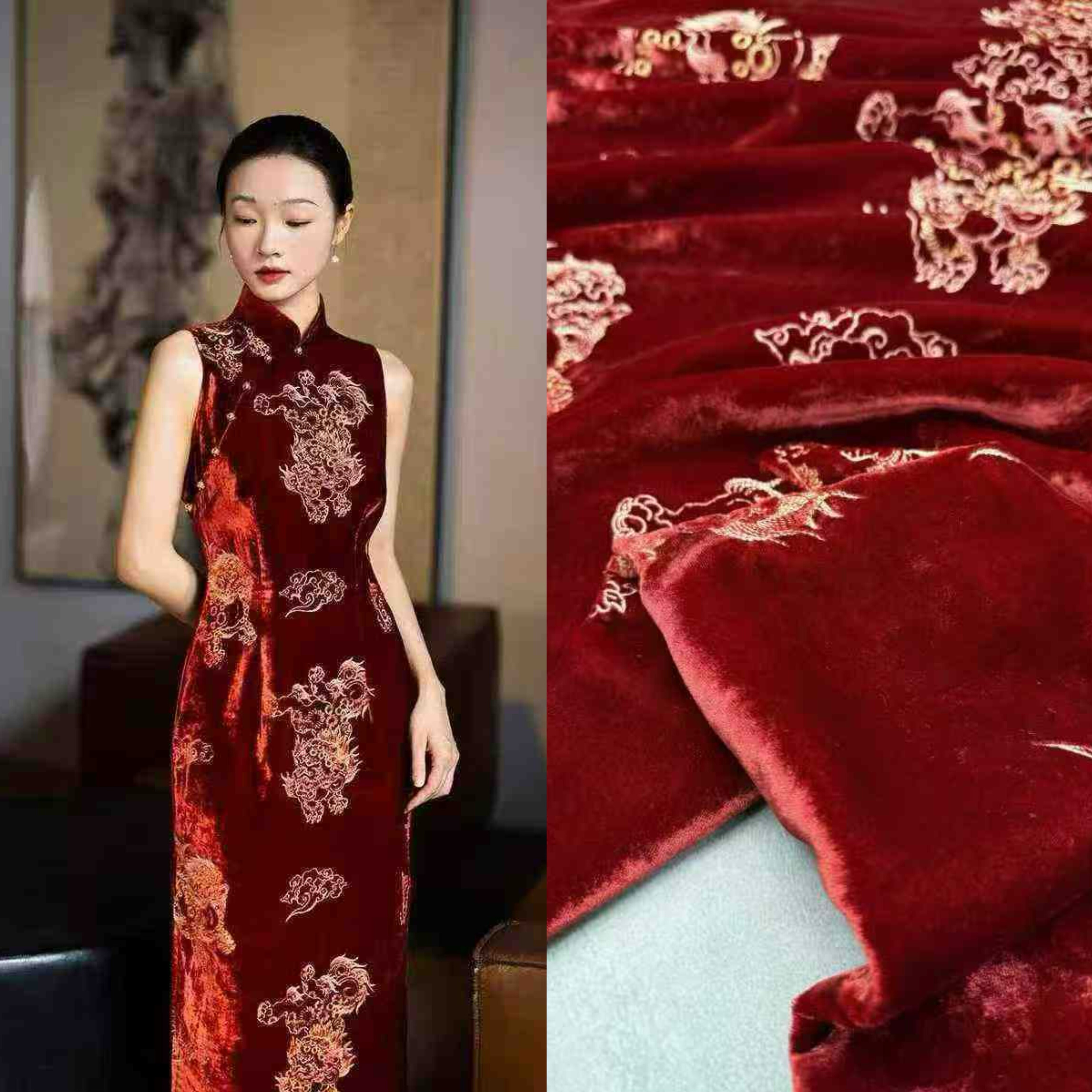 麒麒麟献瑞锦绒丝绒刺绣布料秋冬红色马甲外套旗袍棉服高定面料