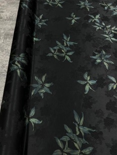 新品高定黑色底绿色印花香云纱透孔花罗面料旗袍连衣裙上衣布料