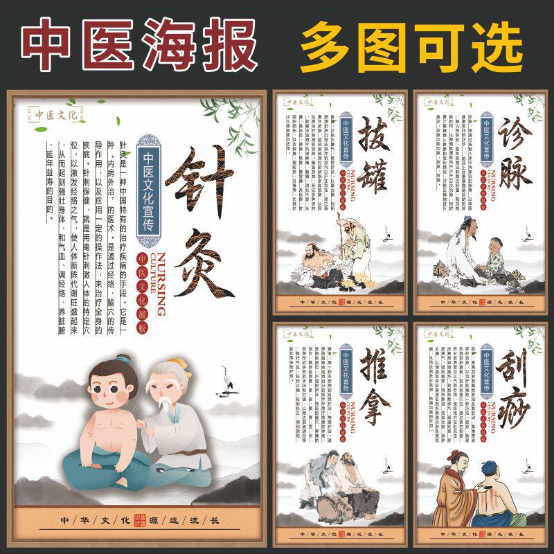 中医理疗挂图艾灸养生装饰画拔罐推拿刮痧针灸大医精诚宣传画海报