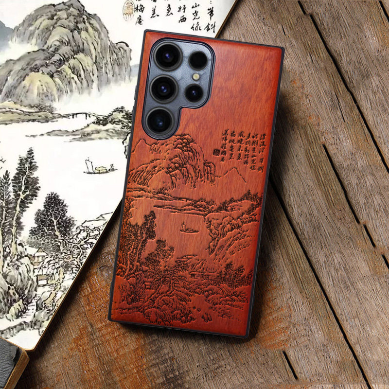 新款适用三星S25ULTRA木质手机壳适用S24中国风定制图案保护壳国潮浮雕