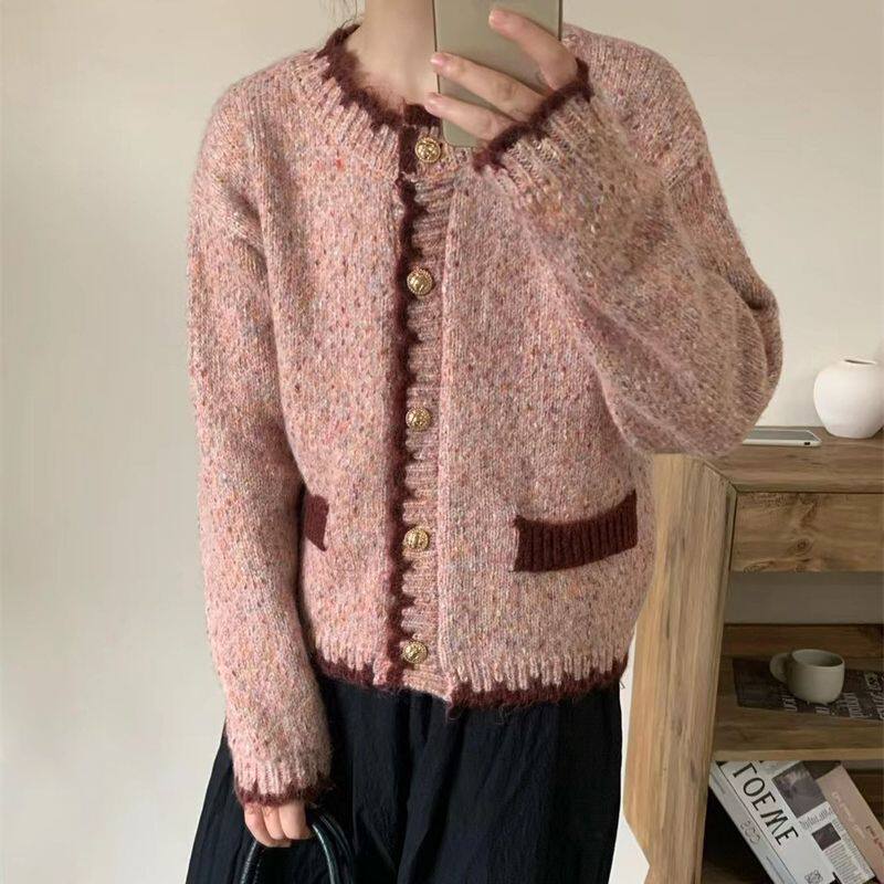 园园美衣新款韩版小香风气质毛衣外套女撞色复古宽松针织开衫上衣