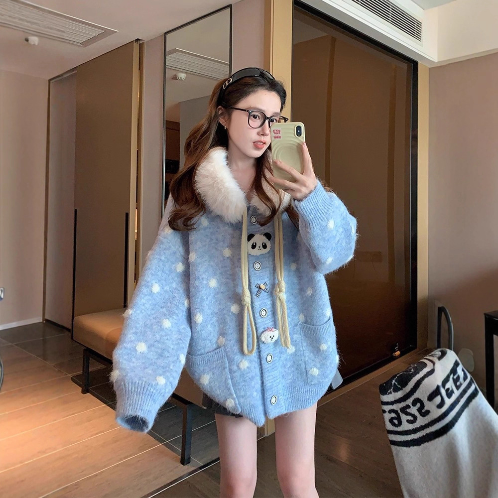 园园美衣熊猫毛衣外套女2026新款冬季加厚学院风连帽毛领针织开衫